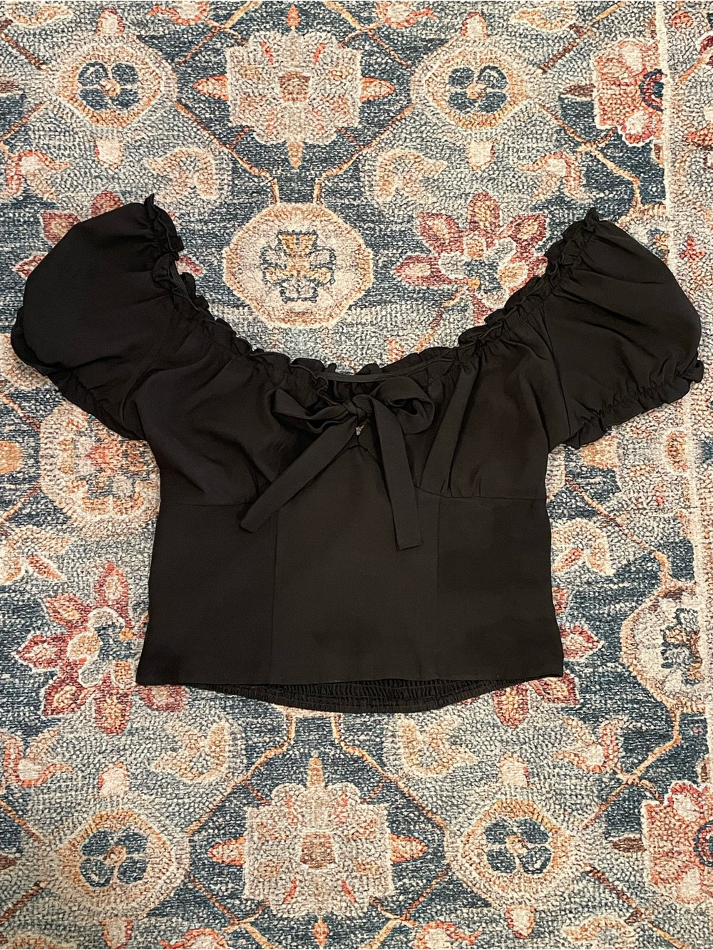 Black Puff-Sleeve Square Neck Crop Top with Tie